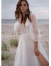 Ivory Lace Polka Dots Tulle Slit Flowing Wedding Dress